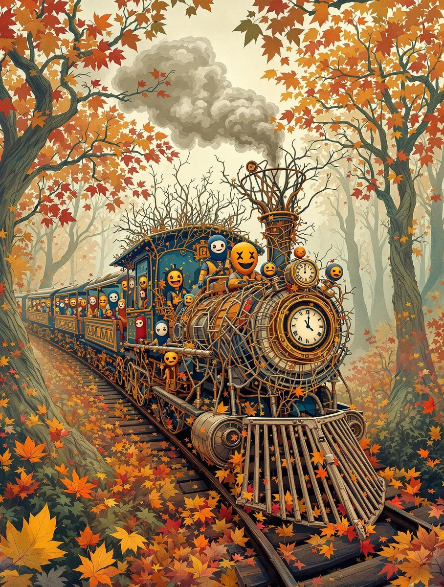 A steampunk-inspired train made of woven vines and mechanical parts travels through an autumn forest, surrounded by fall leaves. Passengers wear colorful masks shaped like different emotions.