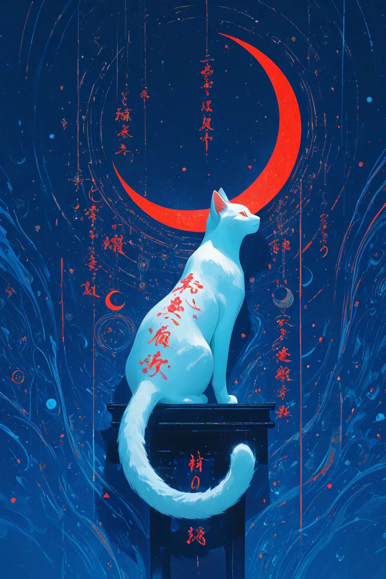 Ink illustration of a white cat sitting on a pedestal against a dark blue background featuring a large red crescent moon and red calligraphy accents.