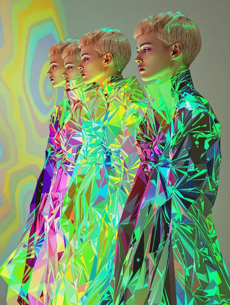 Side view of four identical female models in avant-garde crystallized coats with bioluminescent 1980s new wave style glowing vividly in psychedelic colors.