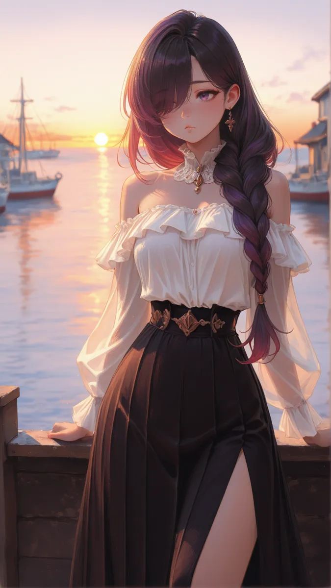 A girl with long layered hair styled in a loose braid stands by a harbor at sunset, wearing an off-shoulder white top and a high-waisted black skirt with a side slit, bathed in soft golden light.
