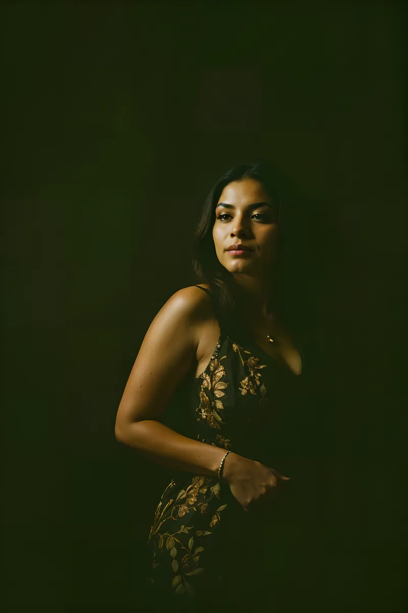 Portrait of a Mexican woman in a dark setting, softly illuminated with detailed gold embroidery on her dress, captured in a photographic style.