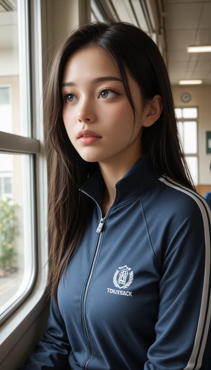 Photorealistic portrait of a young woman sitting by a window indoors in a school, wearing a blue track suit with white stripes, looking away with soft dramatic lighting and shallow depth of field.