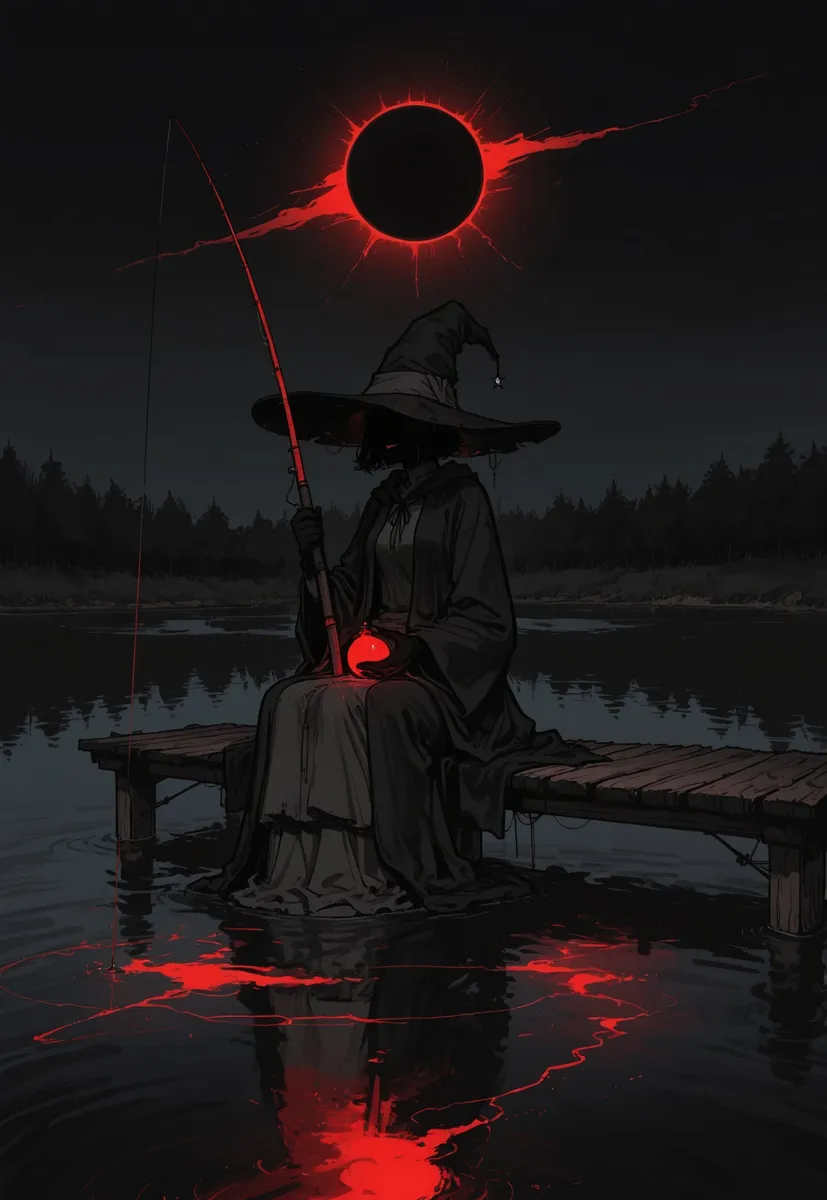 A witch in a huge brimmed hat and robes sits on a wooden pier, fishing with a glowing red fishing rod during a solar eclipse over a dark lake, with red magical reflections on the water.