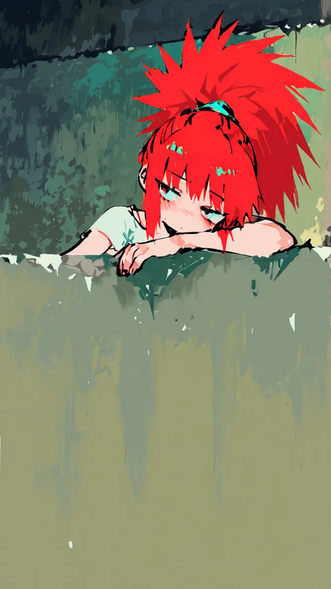 A girl with vibrant red hair tied in a high, wide ponytail leans sideways against a worn wall, depicted in a painterly style with muted green and gray tones.