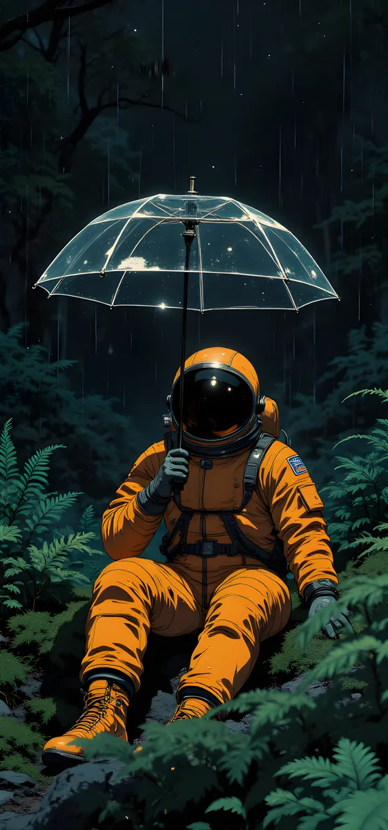 Astronaut in a vivid orange spacesuit sitting on mossy ground in a dense forest at night, holding a transparent umbrella with raindrops falling around.
