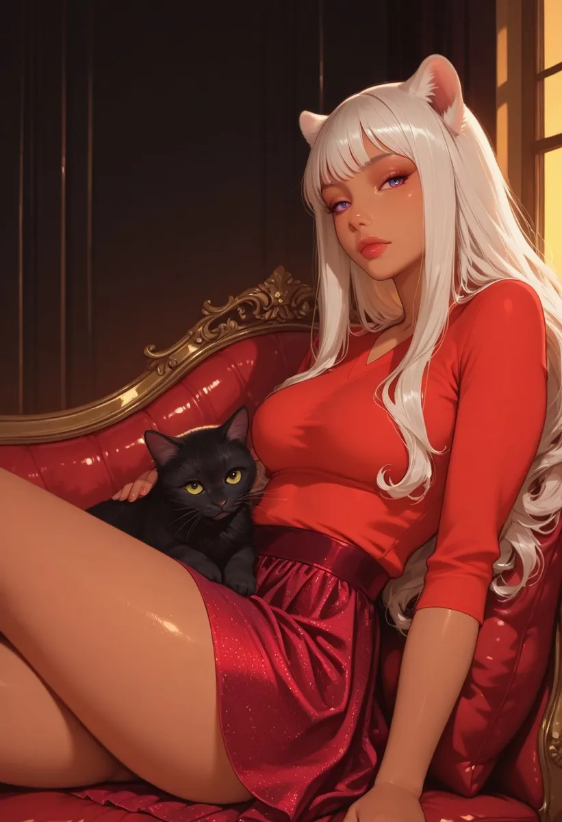 A captivating indoor portrait of a woman with exceptionally long white hair and cat ears, wearing a crimson top and shimmering red skirt, reclining on a deep red velvet chaise lounge with a black cat resting on her lap, bathed in warm golden light.