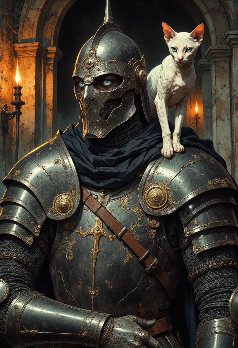 Portrait of a medieval knight wearing darkened Damascus steel armor with intricate gold filigree, a gothic spiked crown helmet, and piercing blue eyes, accompanied by a pale ivory Sphynx cat perched on the shoulder, set in an ancient torch-lit stone chamber.