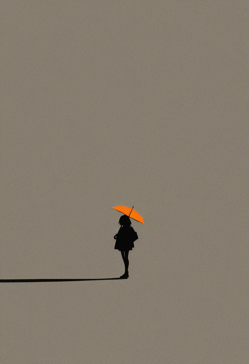 Minimalist silhouette of a girl holding a bright orange umbrella casting a long shadow on a plain background with high contrast and bold outlines.