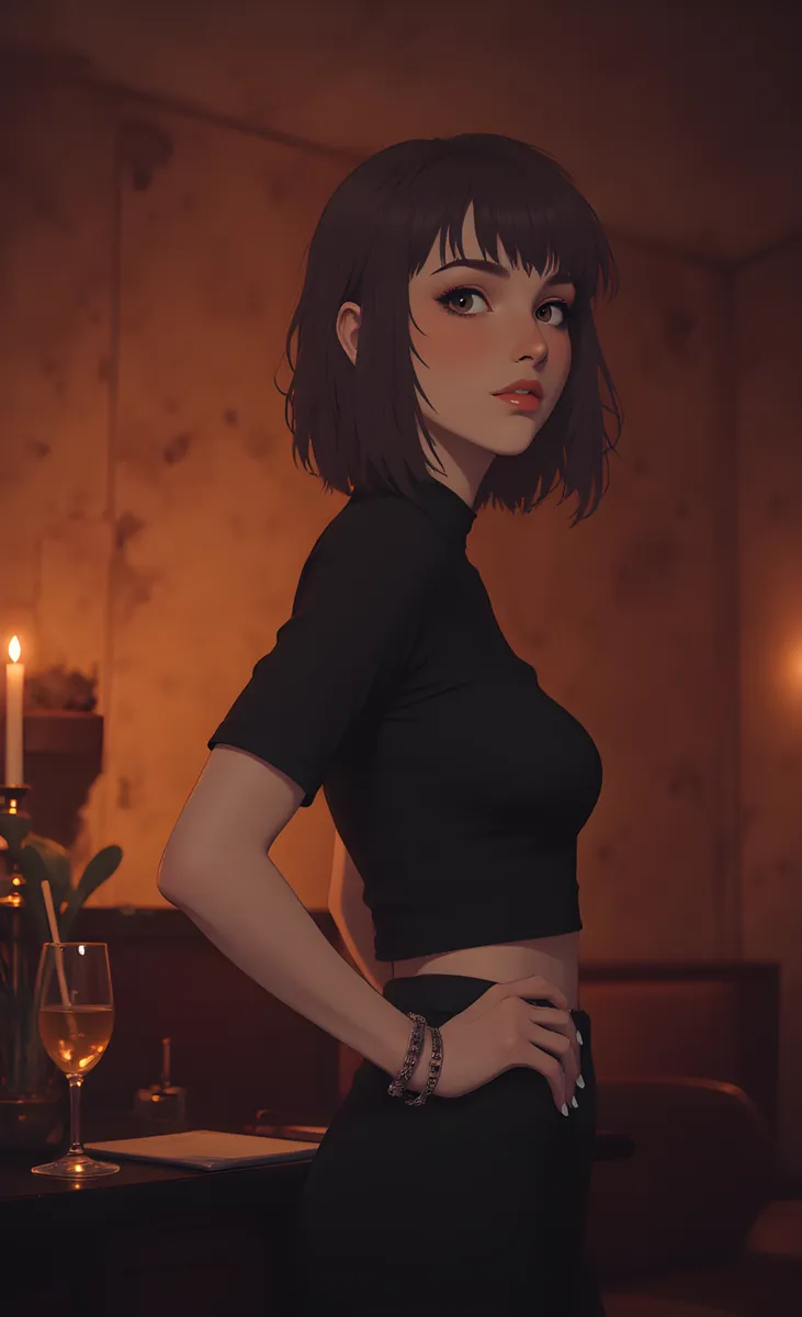 Anime-style portrait of an elegant woman with a short bob haircut wearing a black outfit standing in warm ambient lighting with a bracelet and a glass of drink nearby.