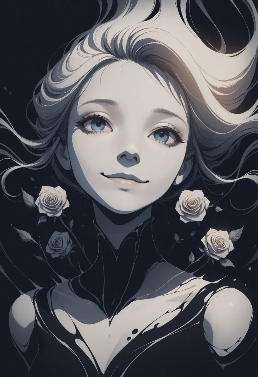 Portrait of an ethereal woman with porcelain skin and pale rose tones in a monochromatic black and white palette, surrounded by white roses in a surreal Isekai fantasy style.