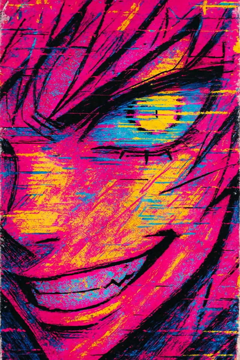 Close-up of an anime character's face featuring a glitching neon yellow eye and a smirking mouth, with vibrant hot pink, chrome yellow, and cobalt graffiti textures accented by pixelated overlays and manga-style speed lines.