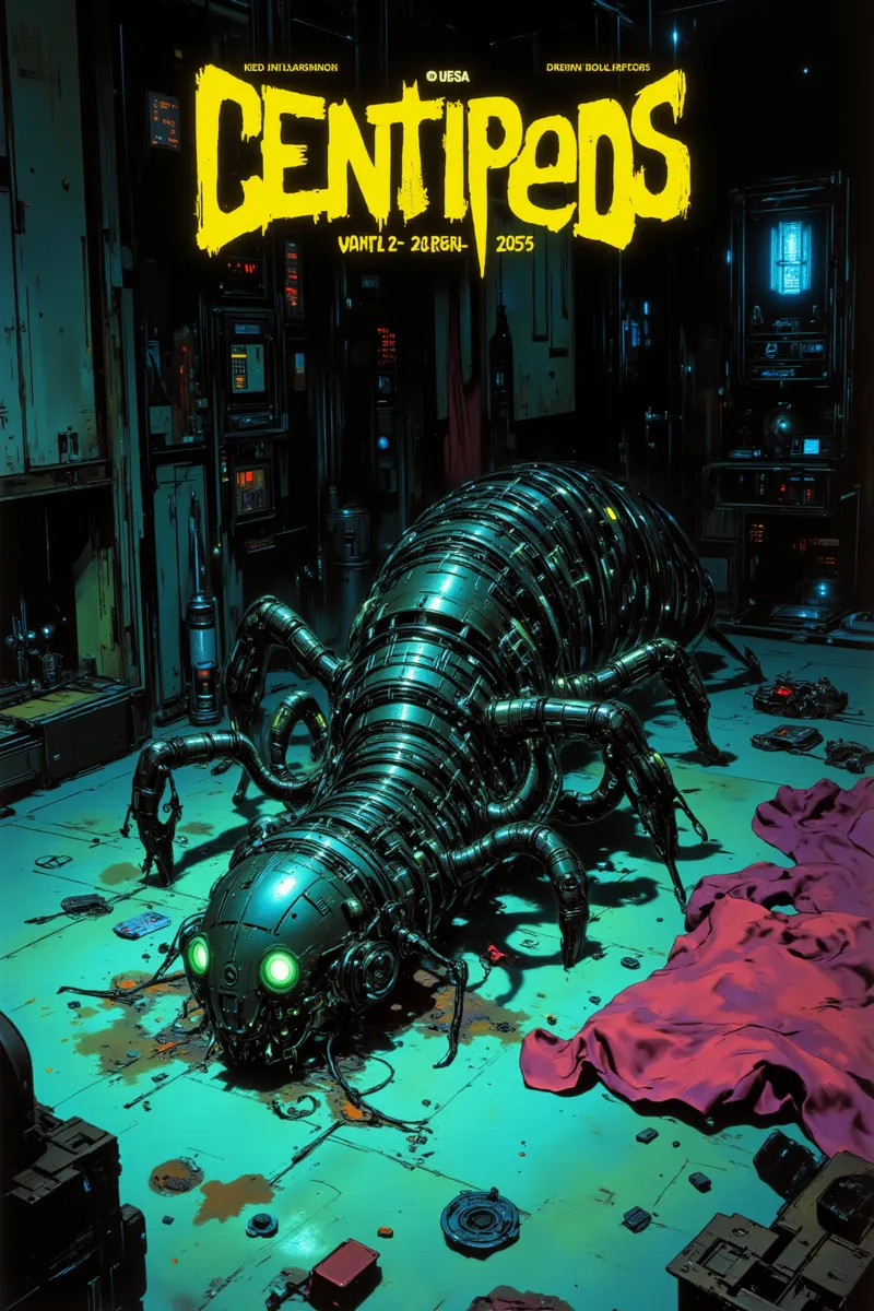 High-resolution digital illustration of a mechanical centipede with glowing eyes crawling across a cluttered floor in a dark, futuristic room with vibrant, intricate details.