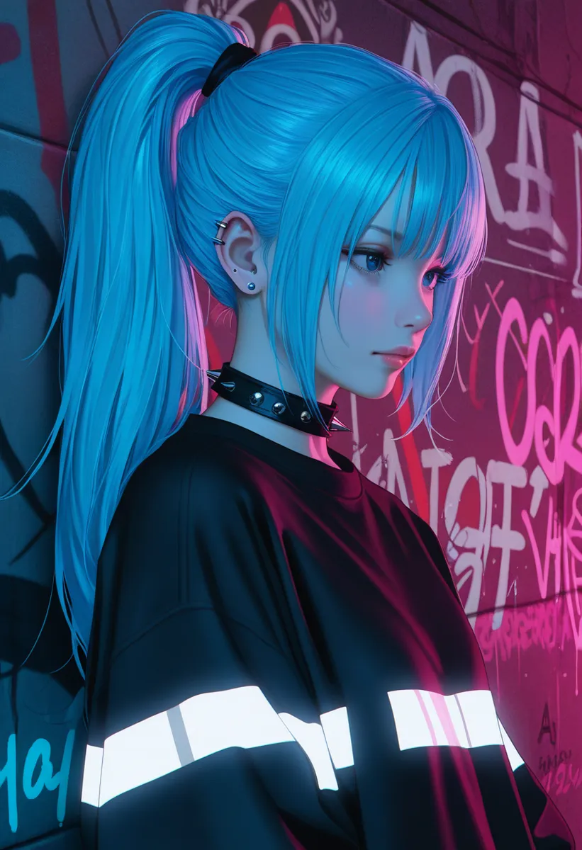 Photorealistic portrait of a young punk girl with blue hair in a high ponytail, wearing a black spiked choker and black shirt with white stripes, standing against a colorful graffiti-covered urban wall under moody pink and blue lighting.