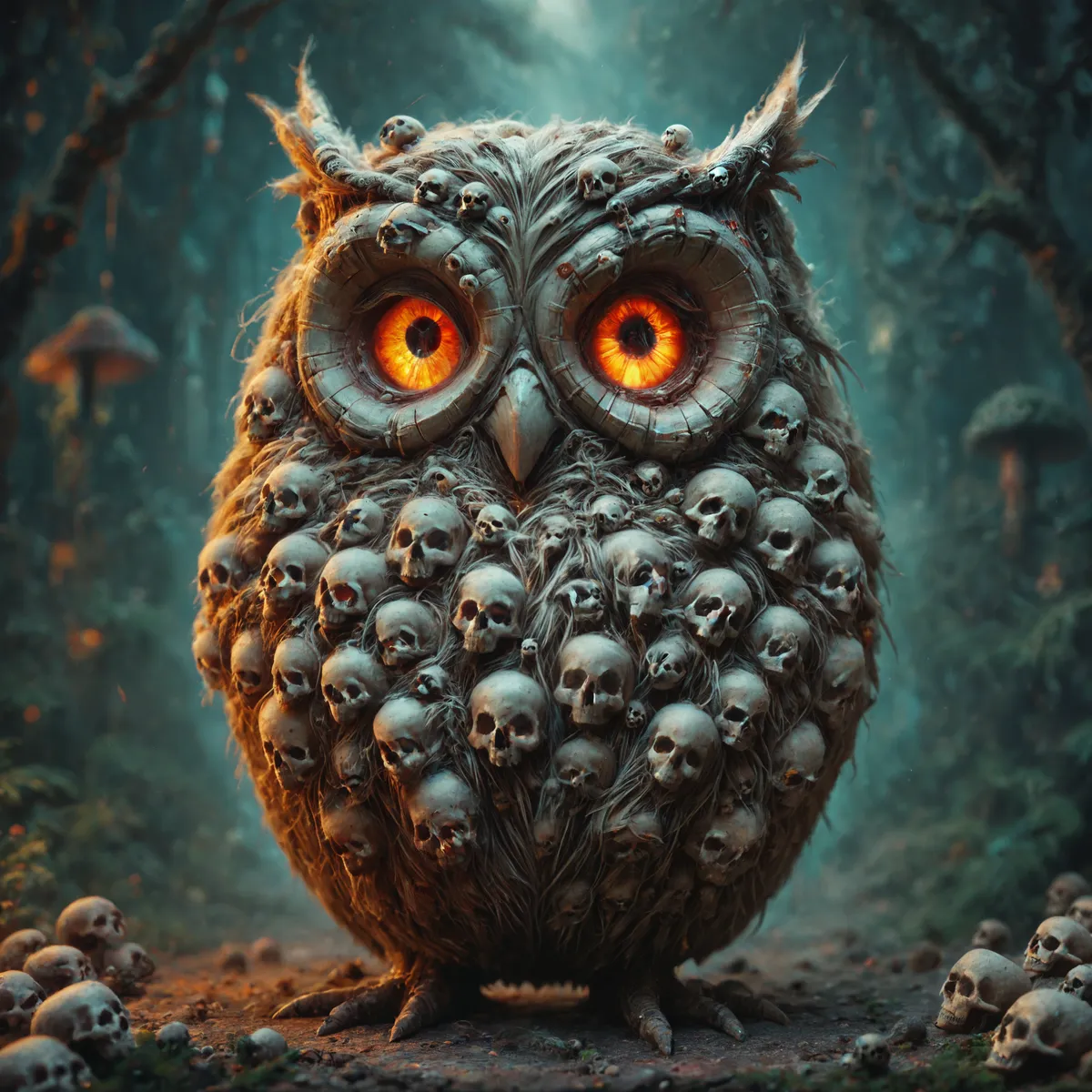 A fantasy owl creature made from numerous skulls with bright fiery orange eyes stands amid a dark, mystical forest.