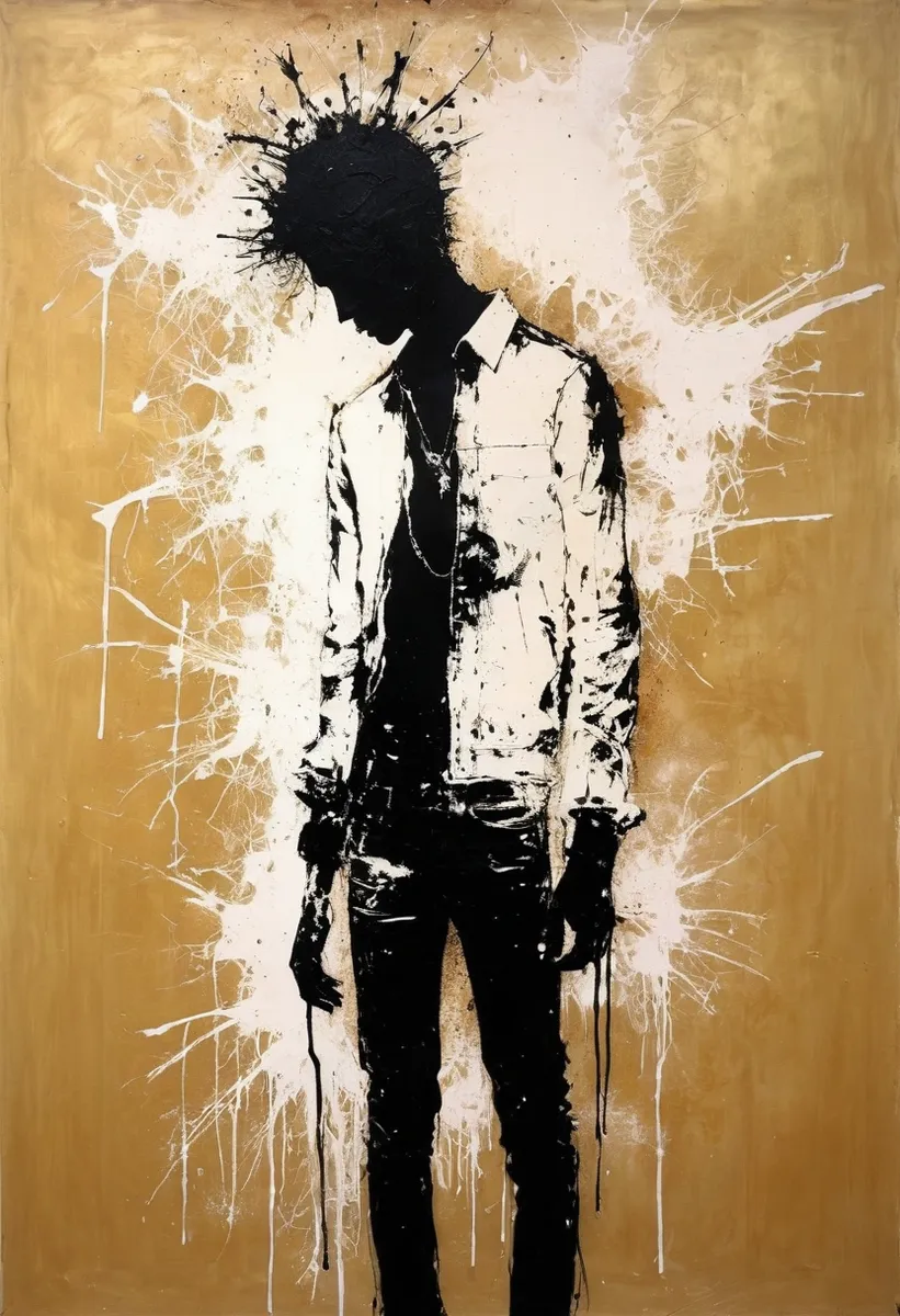 Black silhouette of a standing figure with splattered hair effect on a beige background, artwork by Richard Hambleton in street art style.
