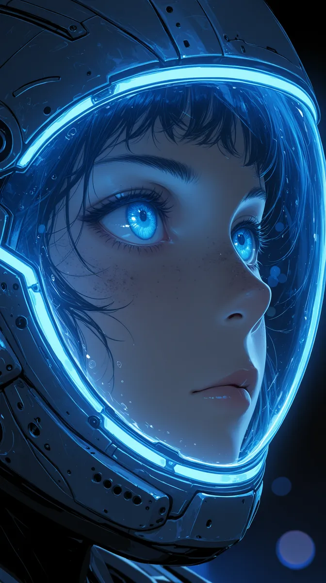 Close-up portrait of a girl wearing a futuristic helmet with glowing neon blue lights and bright blue eyes, set against a dark background with reflections.