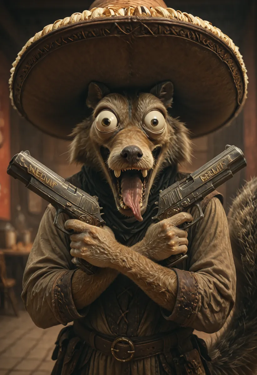 Photorealistic depiction of Scrat wearing a large sombrero, holding dual pistols in an X pistol pose with bulging eyes and tongue out in a Mexican restaurant setting.