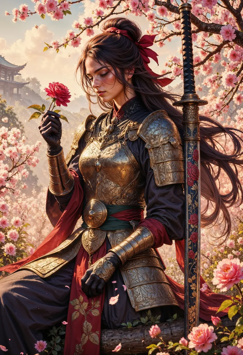 A female ronin wearing ornate golden samurai armor sits among blooming cherry blossoms holding a red rose, with a detailed katana resting beside her.