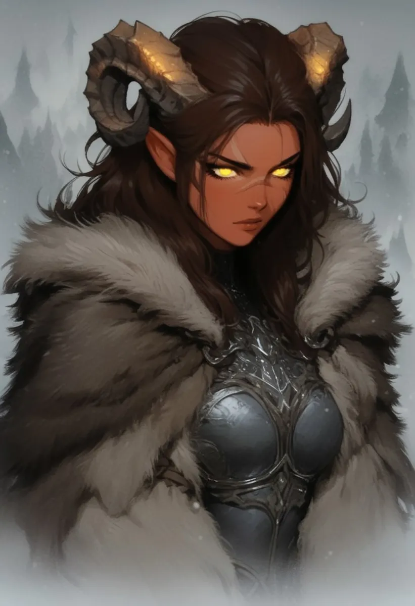 Anime-style tiefling girl with glowing yellow eyes, brown fur cloak, black armor, ram horns, and a scar on her face set in a snowy forest.
