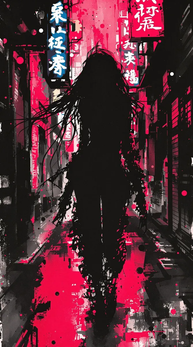 Silhouette of a cyberpunk Japanese femme fatale walking through a neon-lit alley, with flowing hair, slashed sleeves, and neon signs in the background blending with ink wash effects.