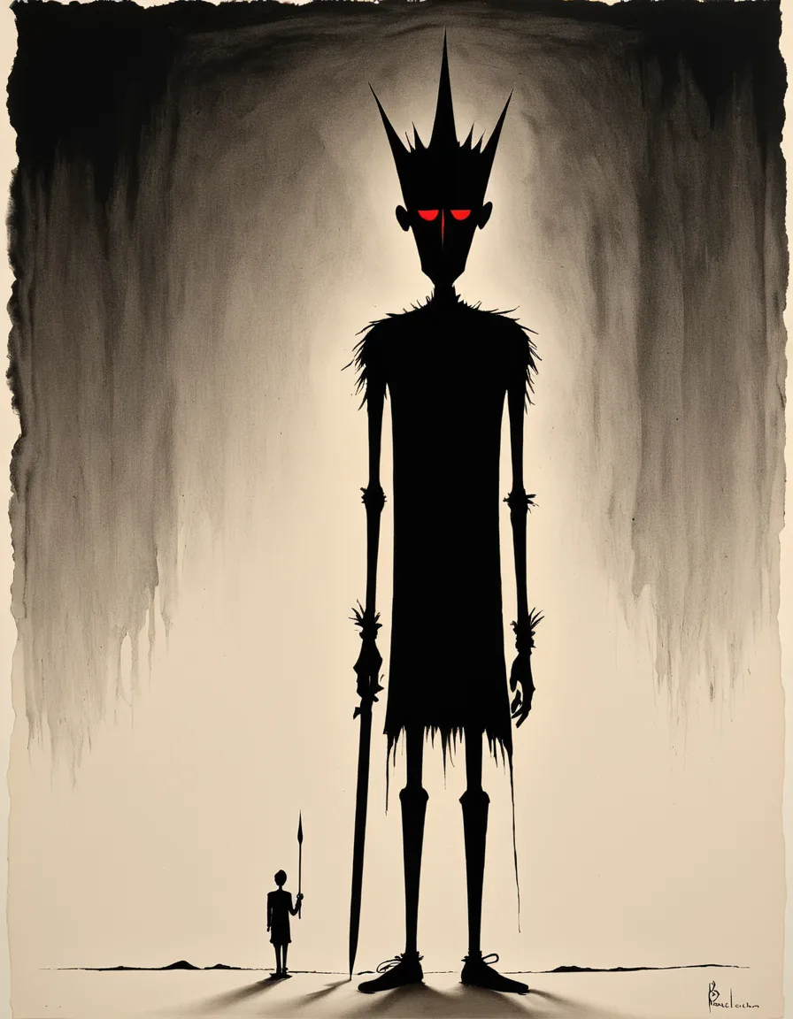 Minimalist black silhouette of a tall Gothic warrior with red eyes and spiked crown holding a spear, against a black and white gradient background with dark shadows.