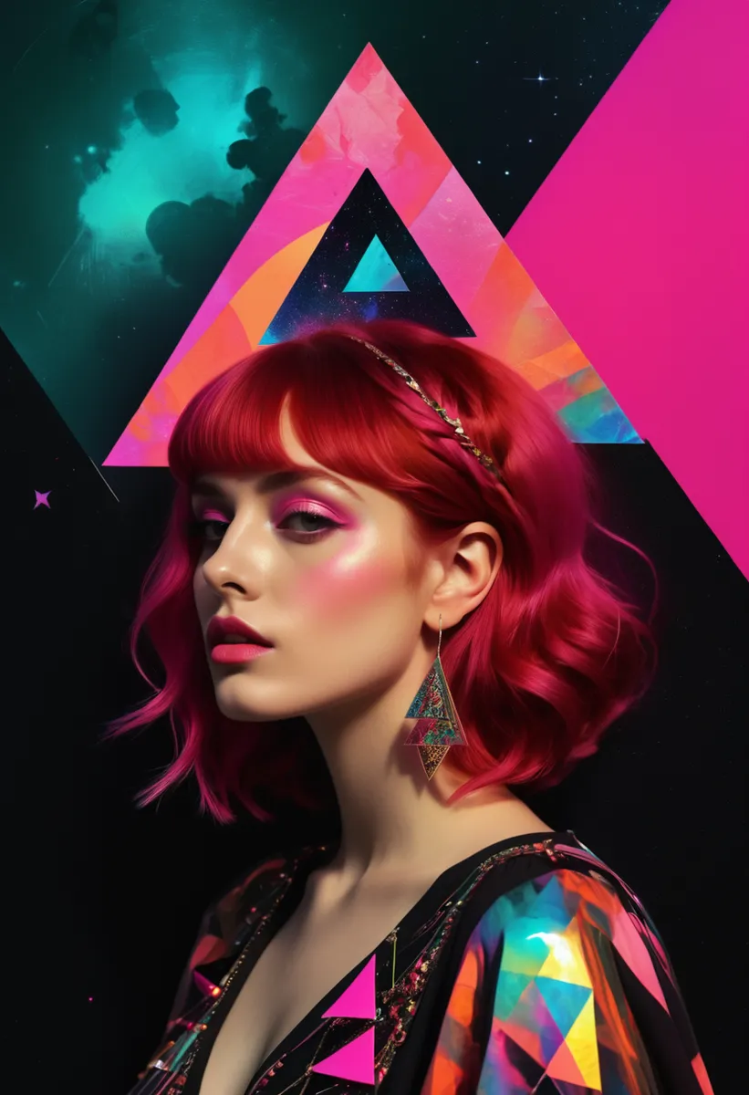 A young woman with vibrant red hair and pink makeup, wearing holographic clothing with geometric patterns, set against a dark background featuring a large neon triangle and abstract colorful gradients.