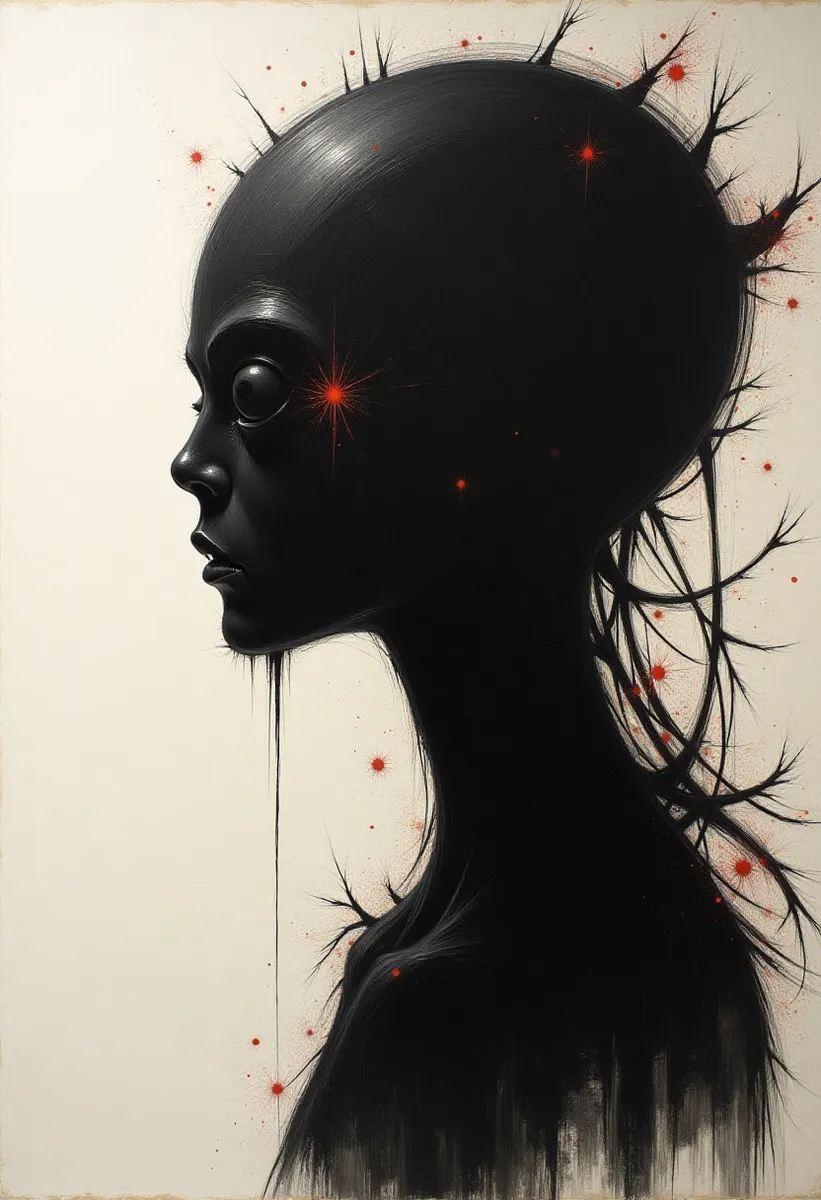 Minimalist black silhouette drawing of an alien profile with hard shadows, red glowing accents, and branching organic shapes on a light background.
