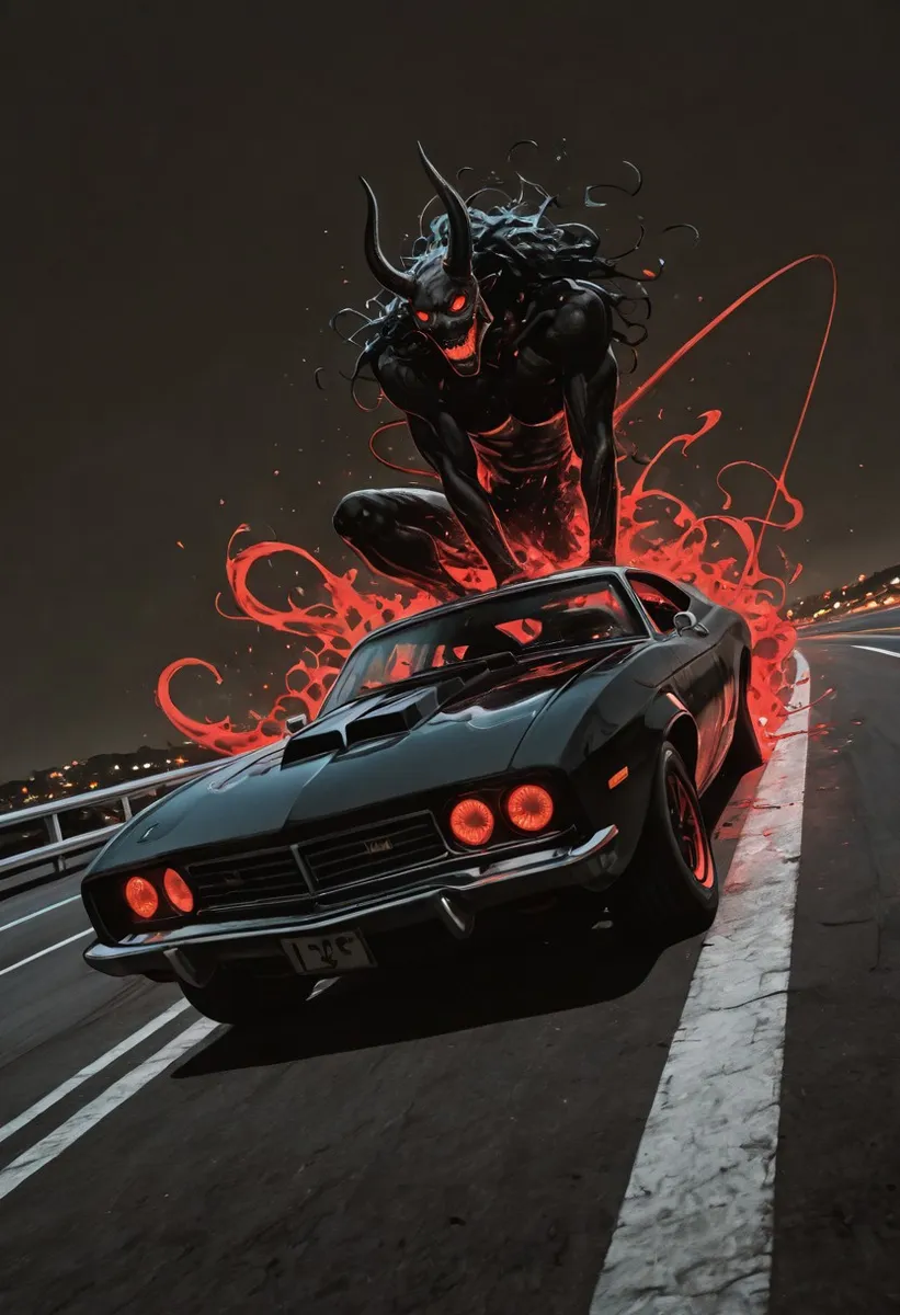 A powerful black muscle car with glowing red headlights on a coastal road at night, with a large menacing demon with glowing eyes and horns rising behind it surrounded by red flames and neon light effects.