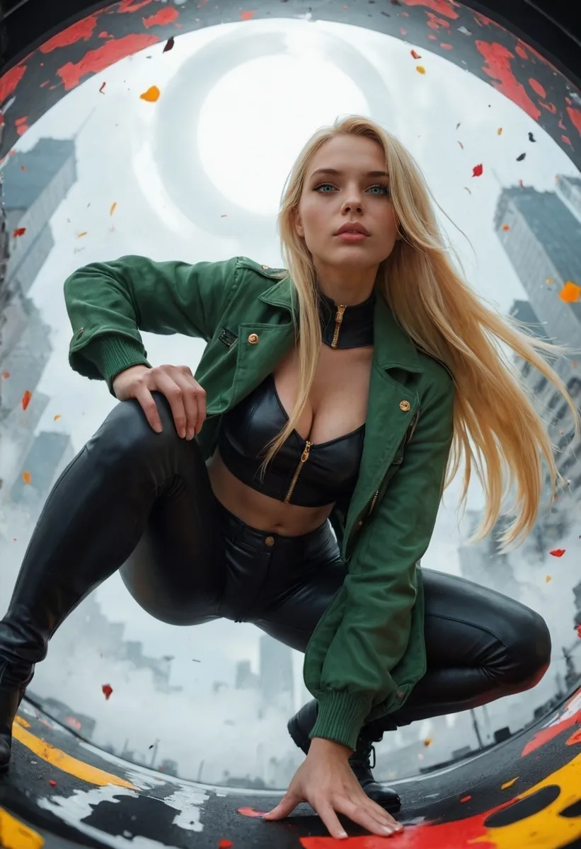 Blonde woman with blue eyes squatting inside a circular tunnel wearing a green jacket, black leather pants, and a black leather crop top in a city setting.