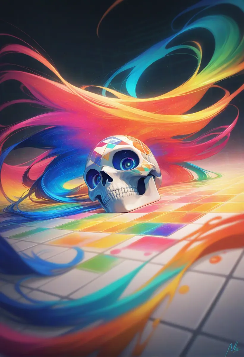 A digital artwork featuring a white skull with geometric colorful shapes on it sitting on a vibrant tiled floor with bright, flowing colors swirling around like hair.