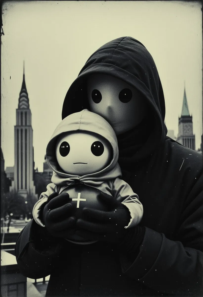 Black and white photo of an android man in a hooded coat holding a baby robot, both with round faces and large black eyes, standing in front of a city skyline.