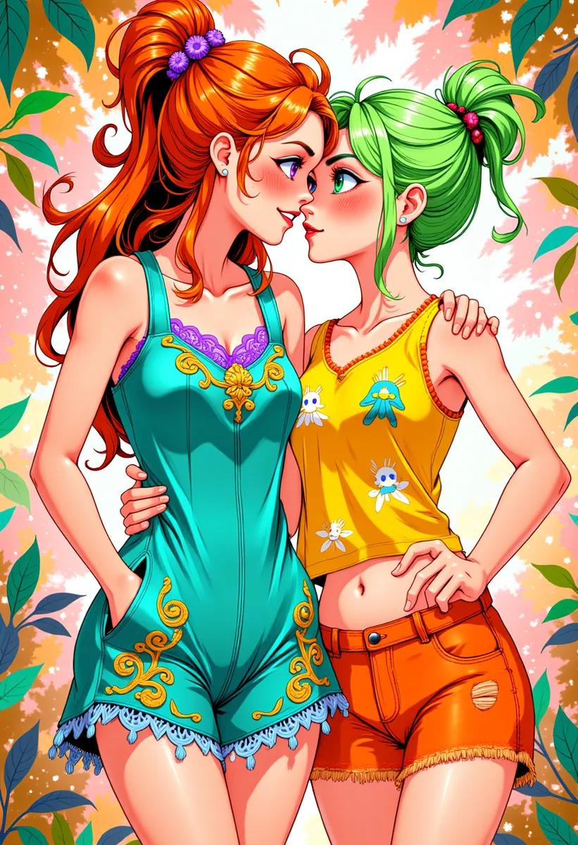 Two animated women in a tender pose, one with orange hair in a turquoise outfit and the other with green hair in a yellow top and orange shorts, surrounded by colorful foliage and a pastel background.