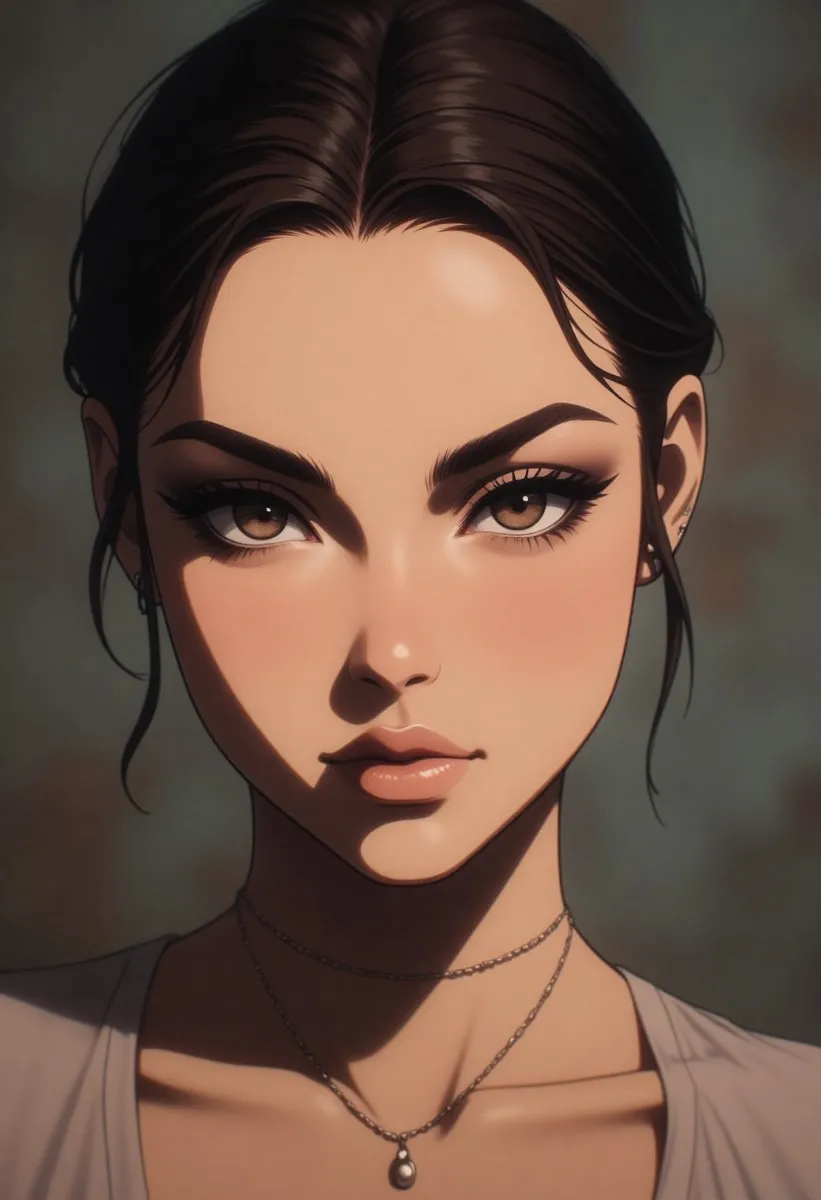 Close-up portrait of a woman with dark brown hair, brown almond-shaped eyes, natural makeup, soft lighting, and a silver necklace with a small pendant.