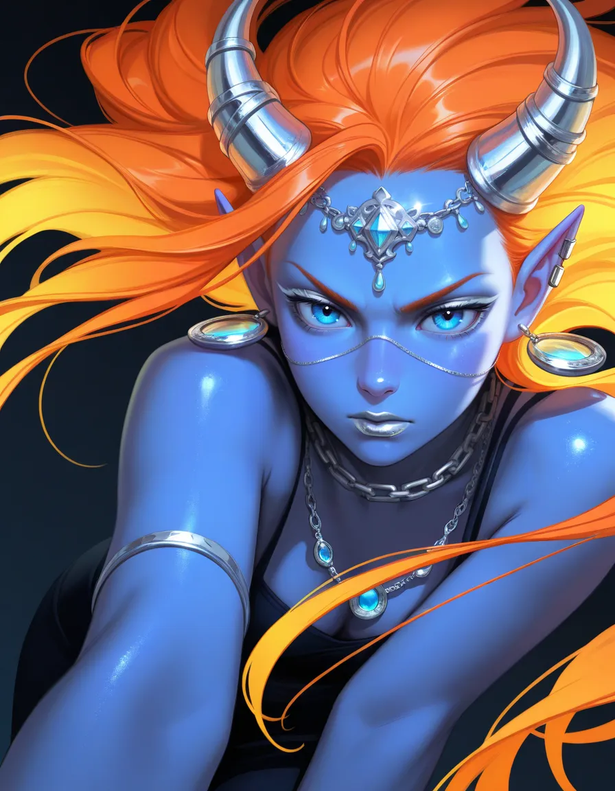 Close-up high fantasy portrait of a blue-skinned woman with flowing orange hair, large silver horns, piercing blue eyes, and intricate facial and metallic jewelry against a dark background.