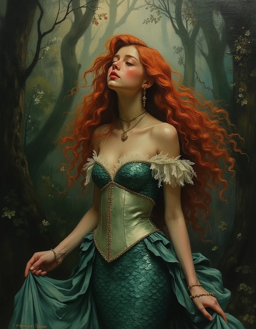 A hyper-realistic oil painting of The Little Mermaid with flowing red hair, dressed in a green corset dress, set against a dark forest background with Rembrandt-style lighting.
