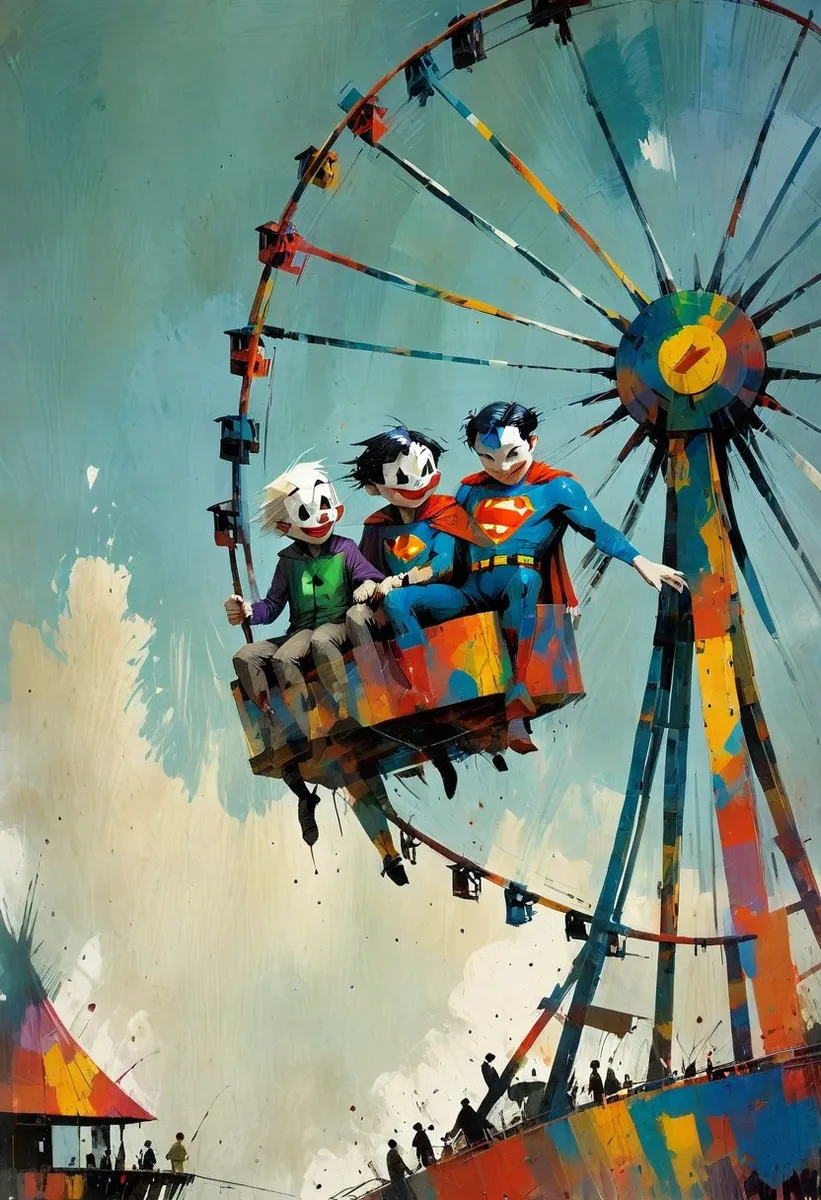 Abstract painting of Superman and Joker characters joyfully riding a colorful ferris wheel with traditional brush strokes and vivid colors.