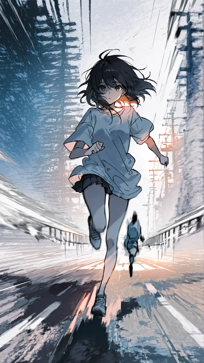 Anime girl running dynamically with motion blur on an urban street, wearing a micro skirt and oversized shirt amid ground fog.