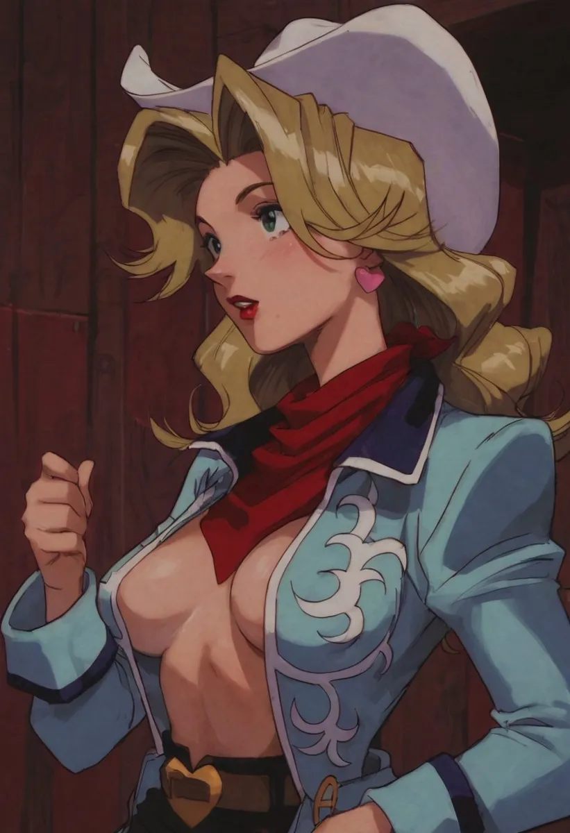 Blonde-haired cowgirl wearing a white cowboy hat, blue coat with ornate designs, a red scarf, and heart-shaped earrings in a 1990s anime style.