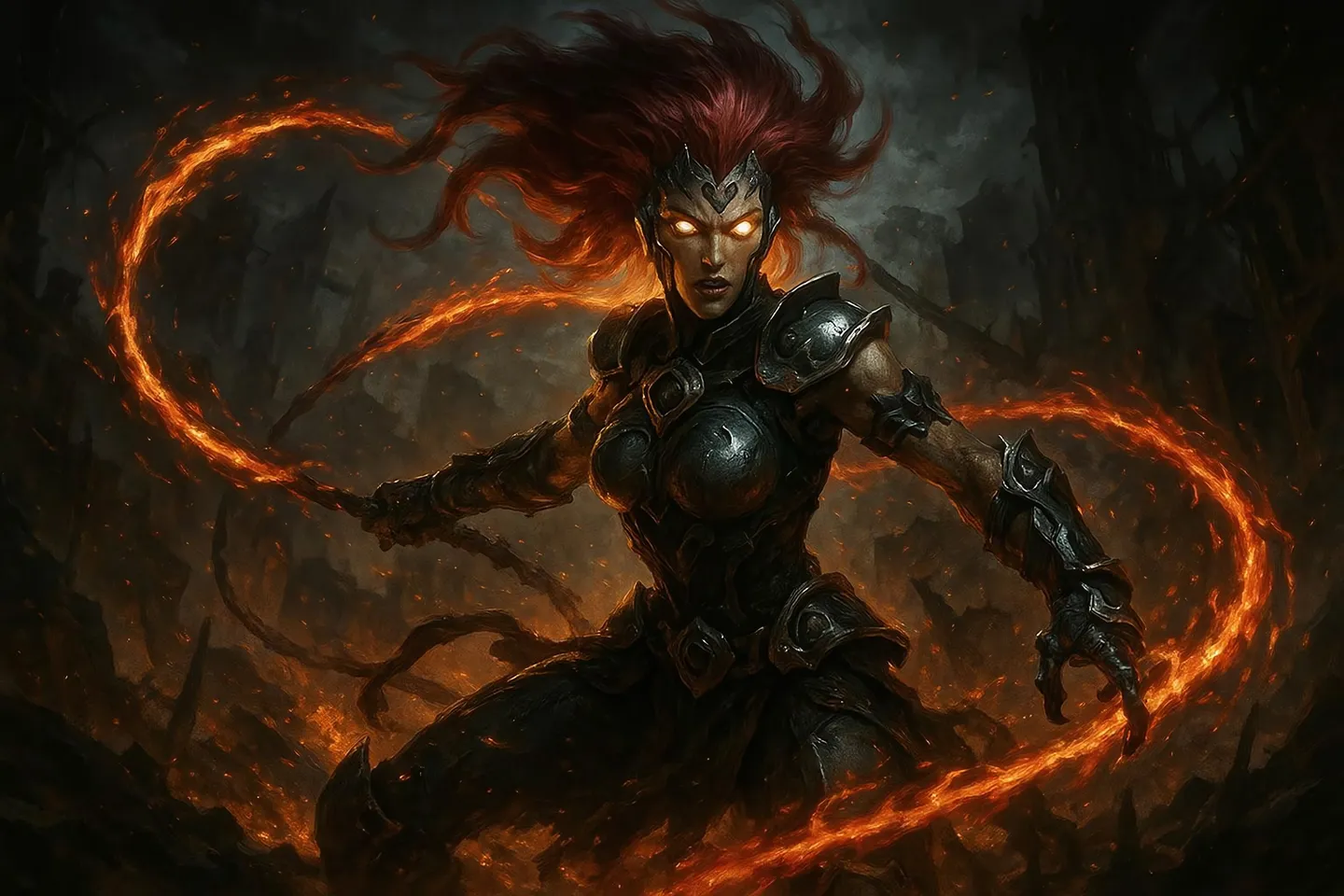 Fury from Darksiders surrounded by a fiery aura, wielding a blazing energy whip, glowing eyes, in a dark apocalyptic landscape with dramatic lighting.