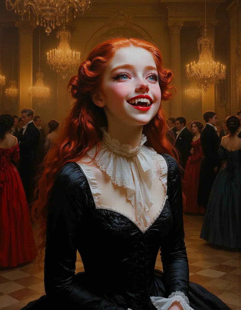 Close-up of a joyful young Victorian vampire girl with red hair and sharp fangs, dressed in a black frock dress, in a grand ballroom illuminated by ornate chandeliers.