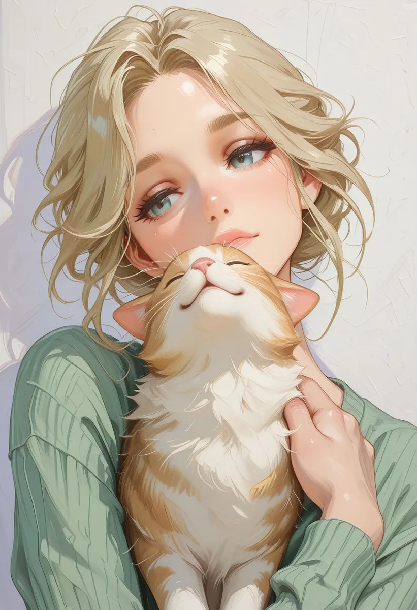 Closeup of a woman with dirty blonde hair wearing a green sweater, gently petting an orange and white cat on her chest, with the cat pushing its head into her hand.