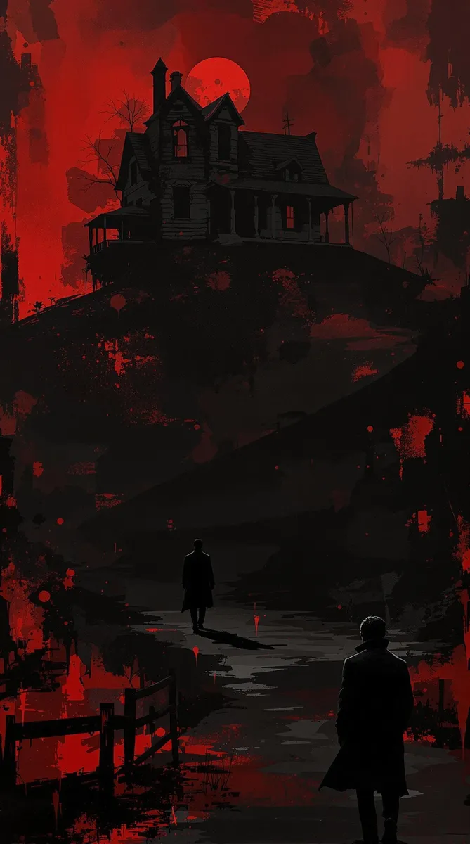 Dark fantasy digital painting featuring an investigator in a trench coat walking towards a creepy abandoned house on a hill under a red moon, with a minimalistic dark red and black color palette.