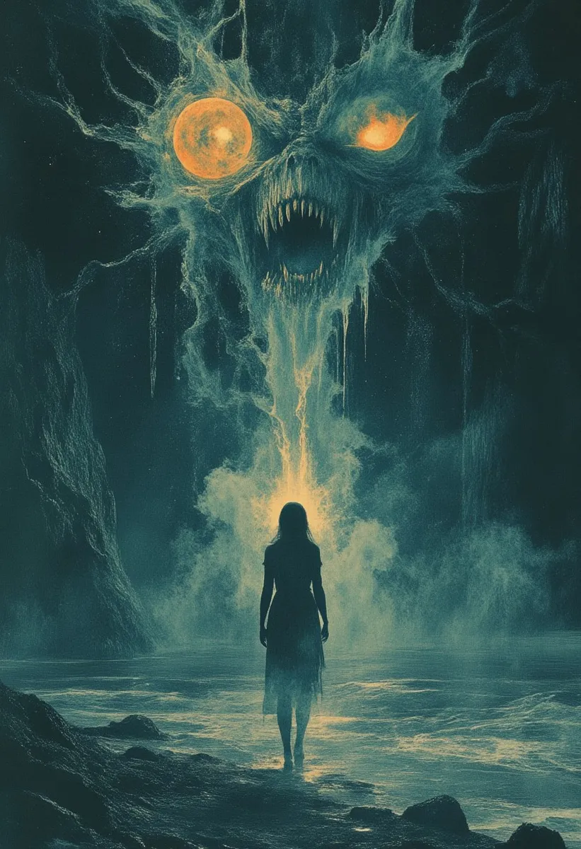 A silhouetted girl stands on the shore of a dark sea holding a glowing crystal, facing a giant terrifying creature formed from ghostly fog.