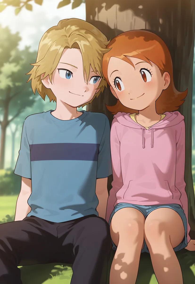 Anime couple consisting of a blonde boy and a brown-haired girl sitting side-by-side against a tree outdoors, smiling warmly under soft volumetric lighting.