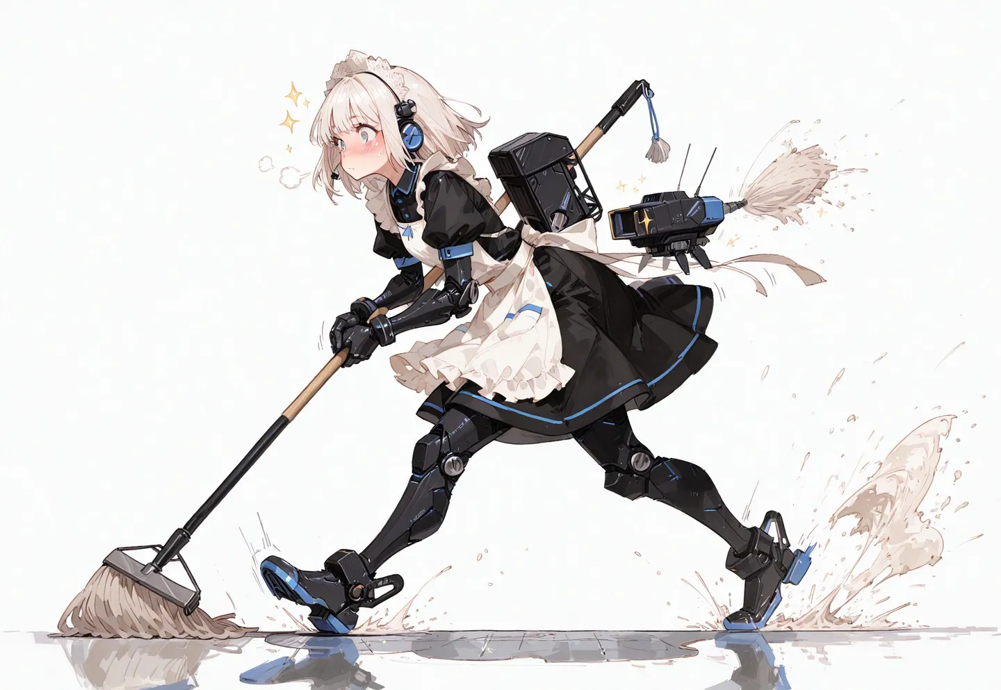 A mechanical maid with short white hair and a frilly black and white maid outfit runs energetically while mopping the floor, accompanied by a small floating mecha, set against a white background with motion lines and cleaning bubbles.