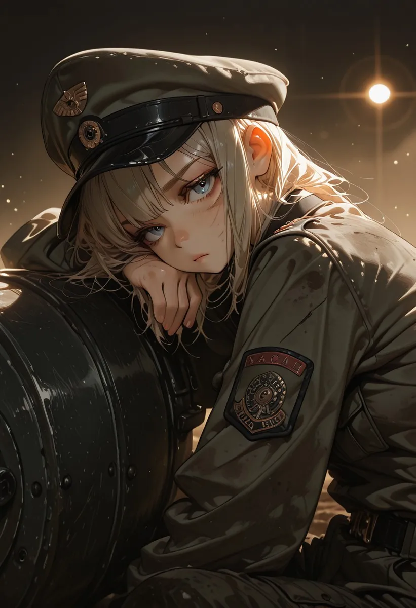 A military uniform girl leaning against a tank, facing sideways with a hat, dirt stains, and scratches, illuminated by ambient soft light.