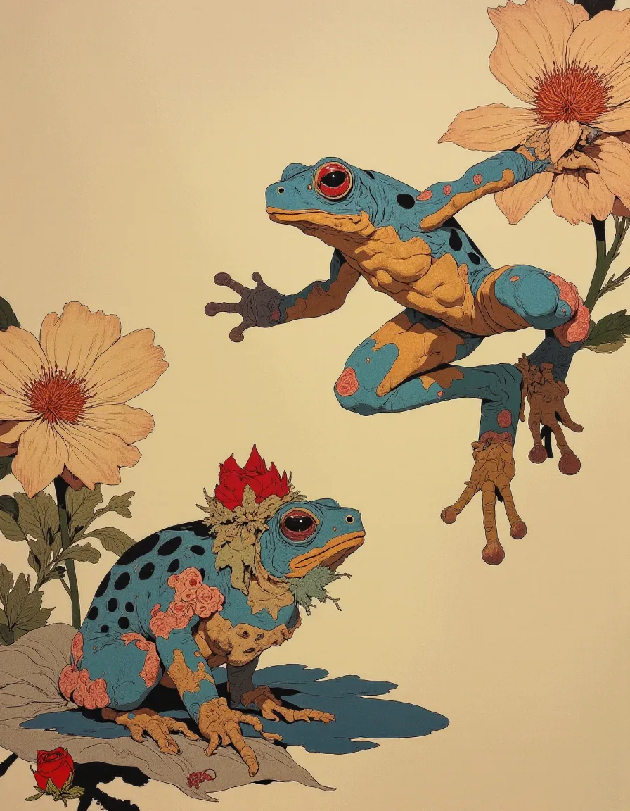 A detailed illustration of two blue and orange colored frogs, one leaping midair and another sitting among pastel-colored sea rose flowers, inspired by Claude Monet's sea rose paintings.