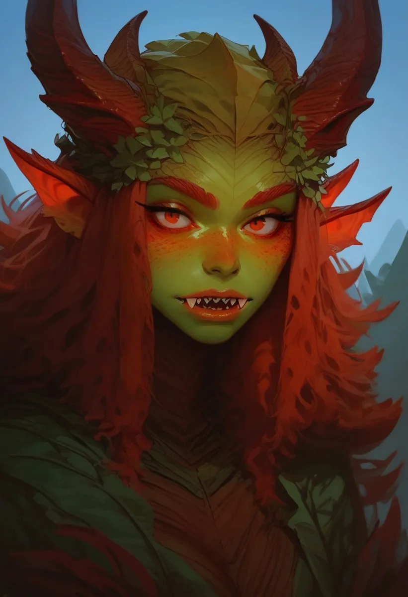 Portrait of a monster girl with green leaf-like skin, bright red eyes, sharp claws, wooden horns, and red hair, set against a forest background with a bright blue sky.