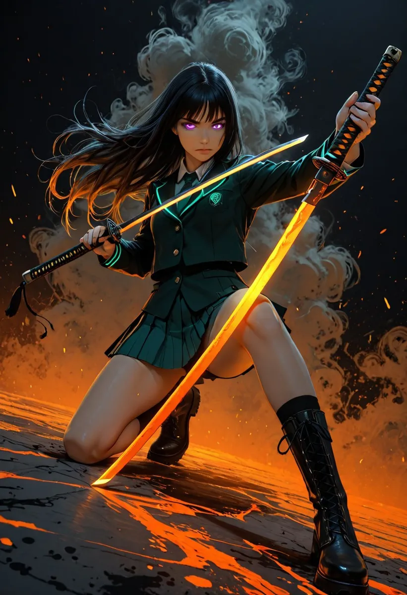 A fierce school girl with black hair and glowing purple eyes unsheathing a glowing katana in a dynamic action pose against a twilight smoky background with orange embers.