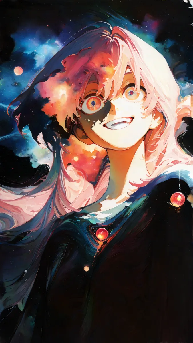 A vibrant oil painting of a happy girl with pink hair, surreal nebula colors blending into her hair and face, against a cosmic space background.